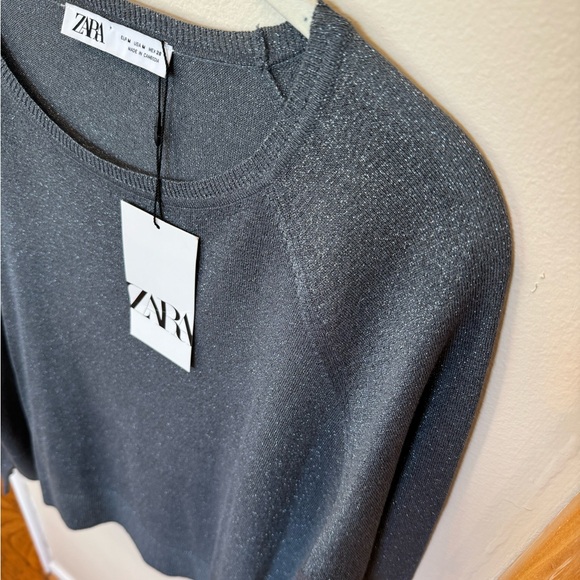 ZARA Metallic Thread Knit Sweater Gray Long Sleeve Lightweight Round Neck NWT - Picture 7 of 10